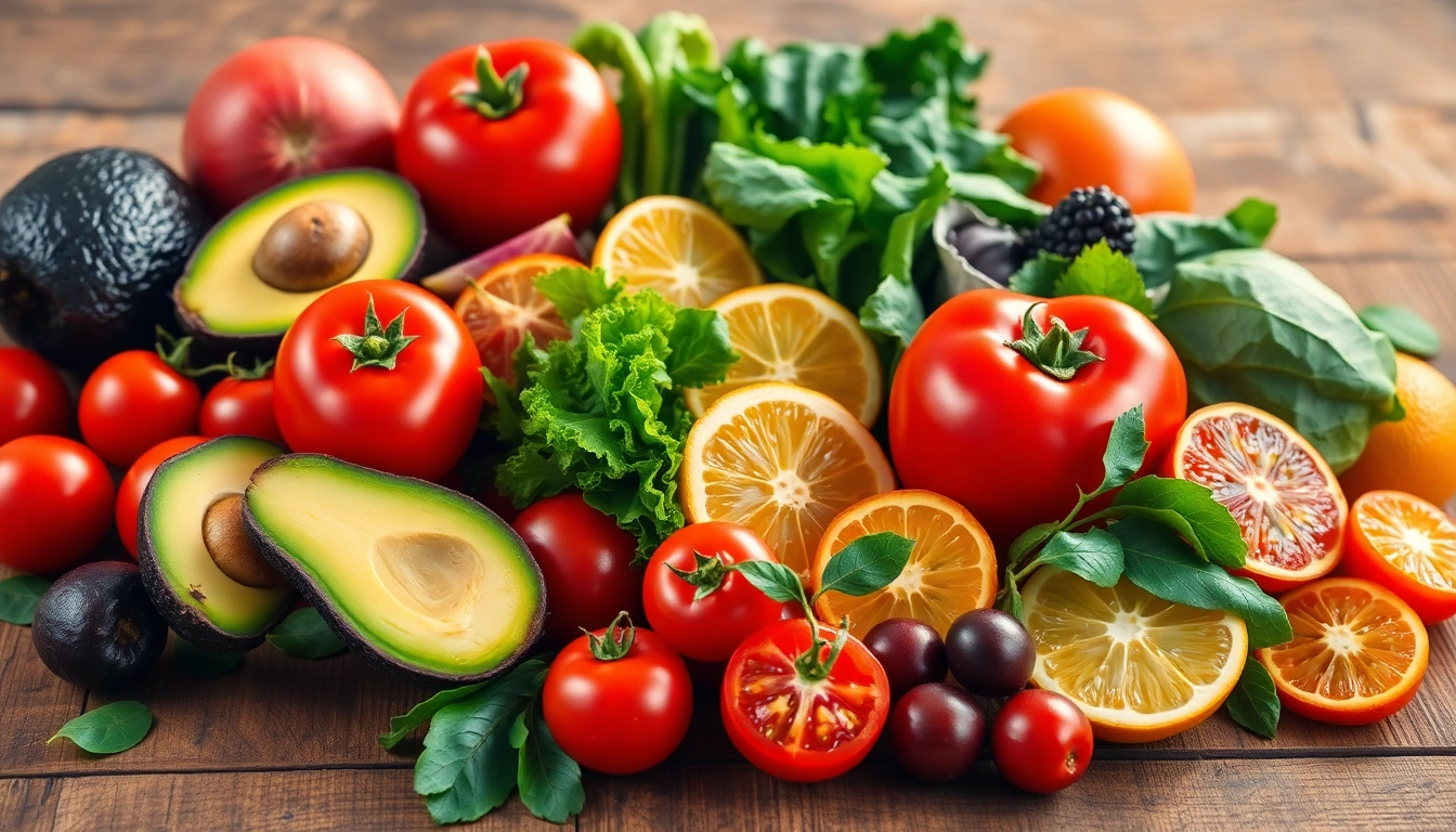 A colorful display of Healthy Food featuring fresh fruits and vegetables arranged beautifully for a wholesome meal.