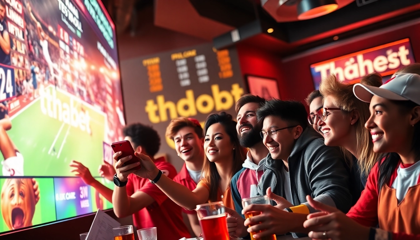 Excited sports fans engaging in betting at a thabet event with vibrant atmosphere.