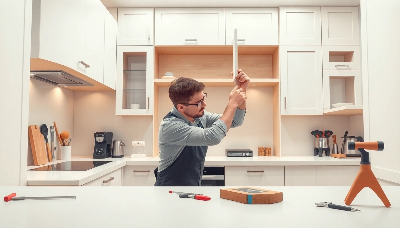 Skilled kitchen fitters expertly installing modern cabinetry with precision and care.