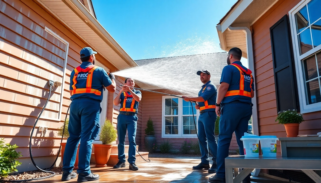 Professional team engaged in exterior cleaning with high-pressure washer.