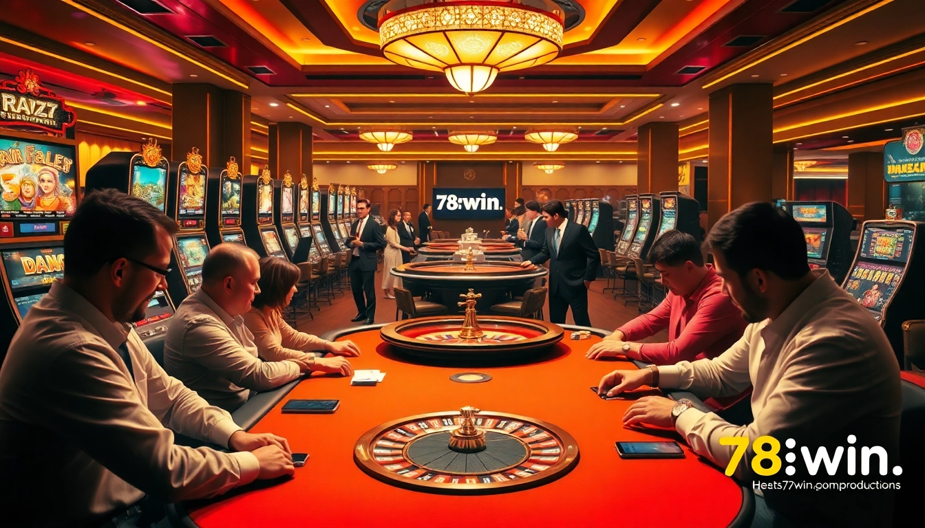 Experience the excitement of gambling at https://78win.productions/ with lively casino scenes featuring poker, roulette, and slot machines.