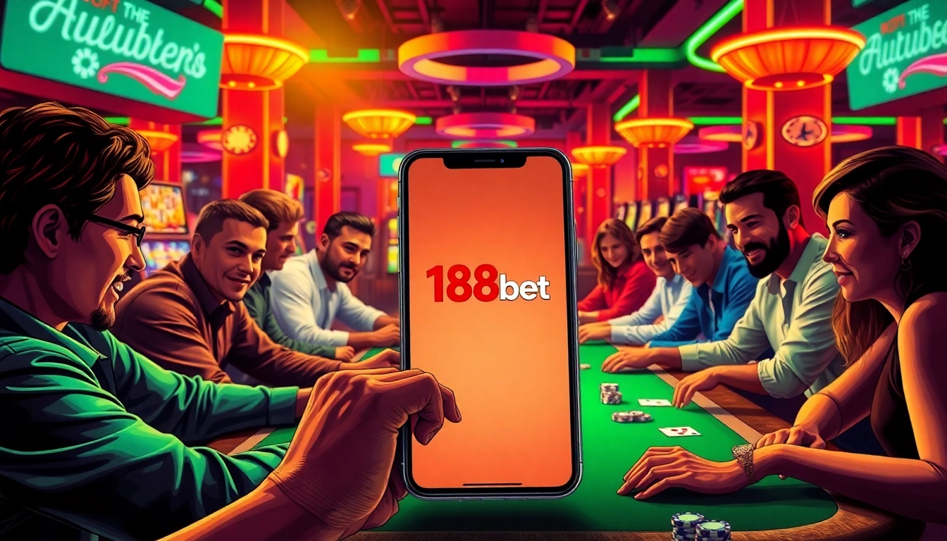 Players using the 188bet app on their smartphones amidst an exciting casino poker game, revealing real-time betting options.
