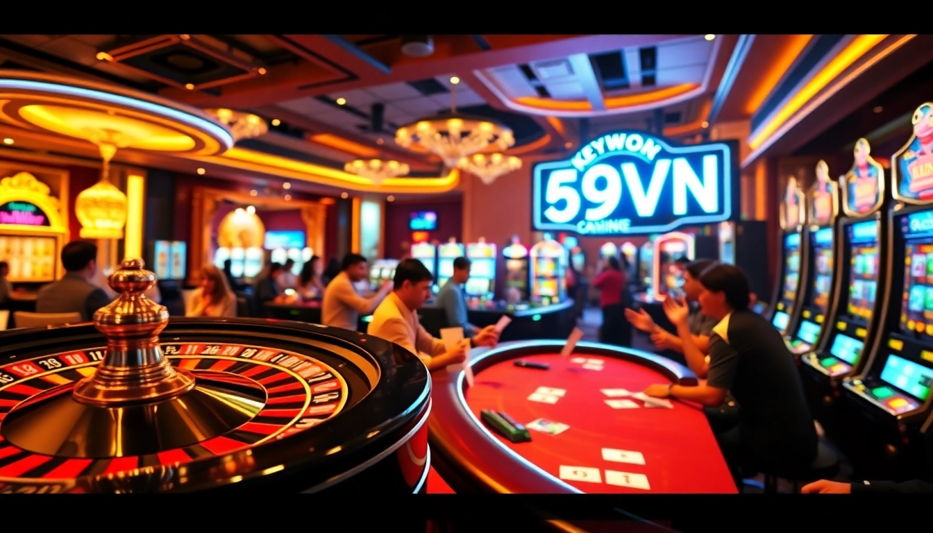 Exciting casino atmosphere with players engaged at 69VN's poker tables and flashing slot machines.