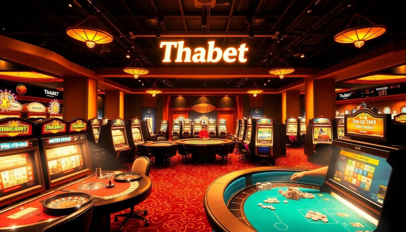 Experience the Thabet casino vibe with players engaged in poker and dazzling slot machines.