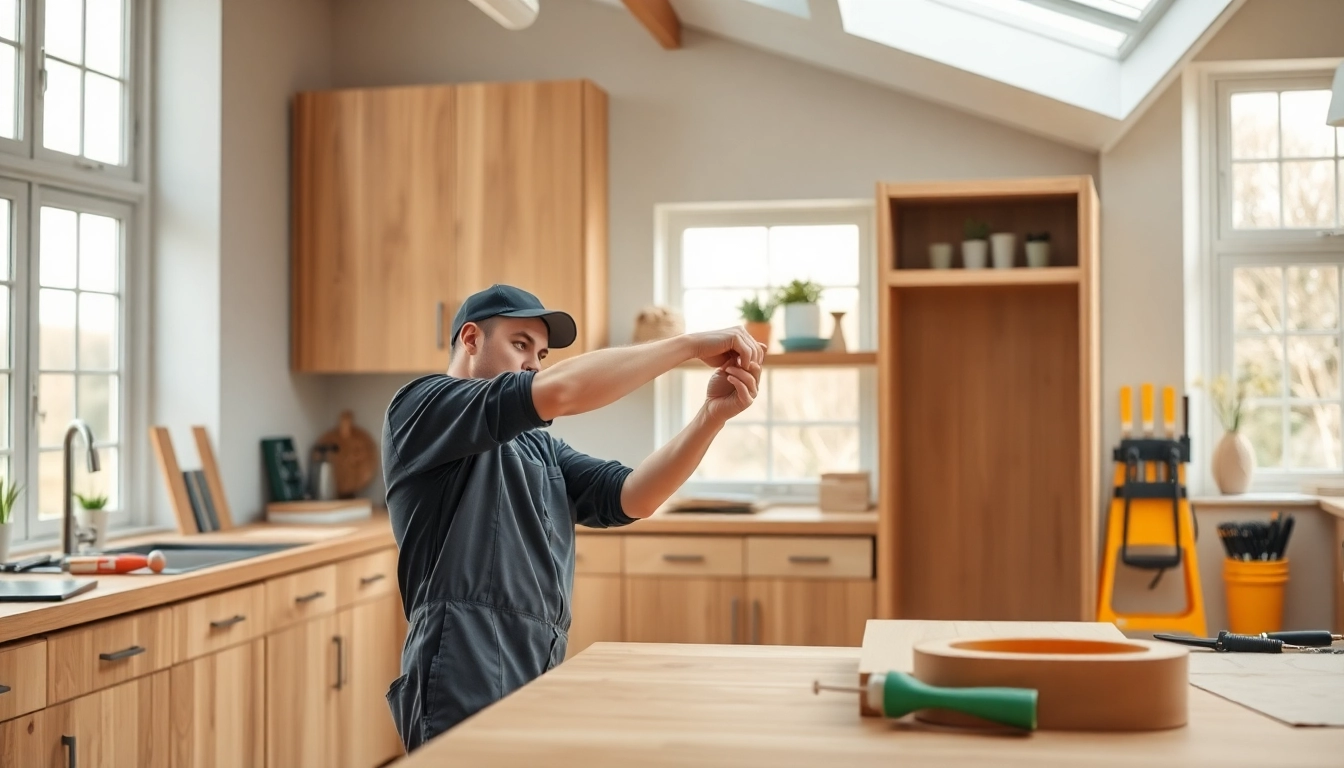 Kitchen fitters installing elegant cabinetry in a bright workshop.