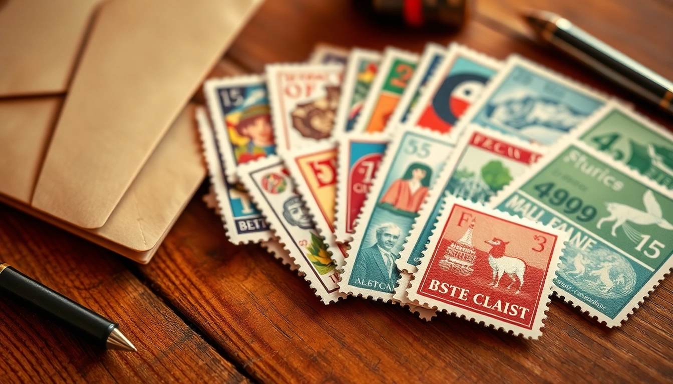 Explore a variety of affordable postage stamps displayed on a rustic wooden table.