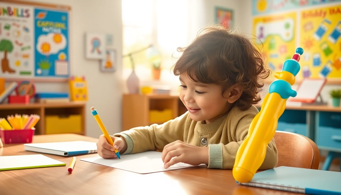 Child using an easy grip pencil, designed for comfort and better writing.
