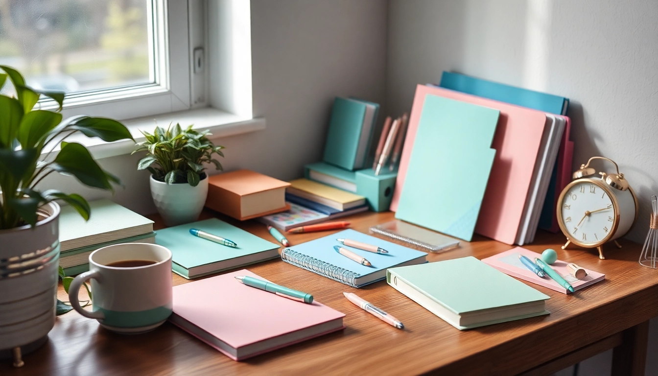 Explore a beautifully arranged desk filled with colorful stationery UK supplies for a creative workspace.