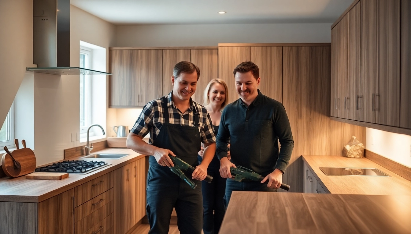 Skilled kitchen fitters expertly installing cabinets in a modern kitchen.