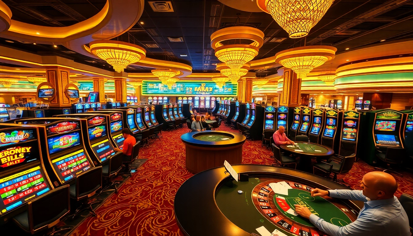 Experience the excitement of a Pay and Play casino with vibrant gaming tables and slot machines.