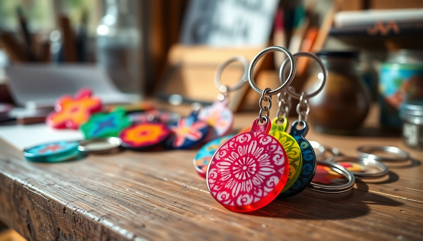 Explore unique acrylic keychain custom designs featuring vibrant colors and intricate patterns on display.