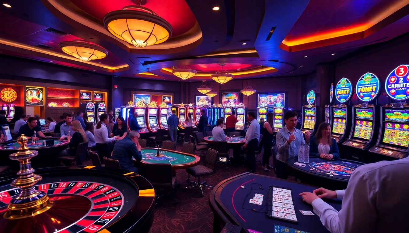 KJC AC 1 vibrant casino scene with poker tables, slot machines and enthusiastic players.