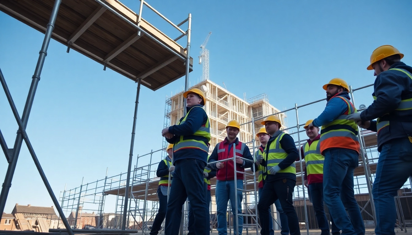 Scaffolders Bolton working collaboratively at a construction site, demonstrating teamwork.
