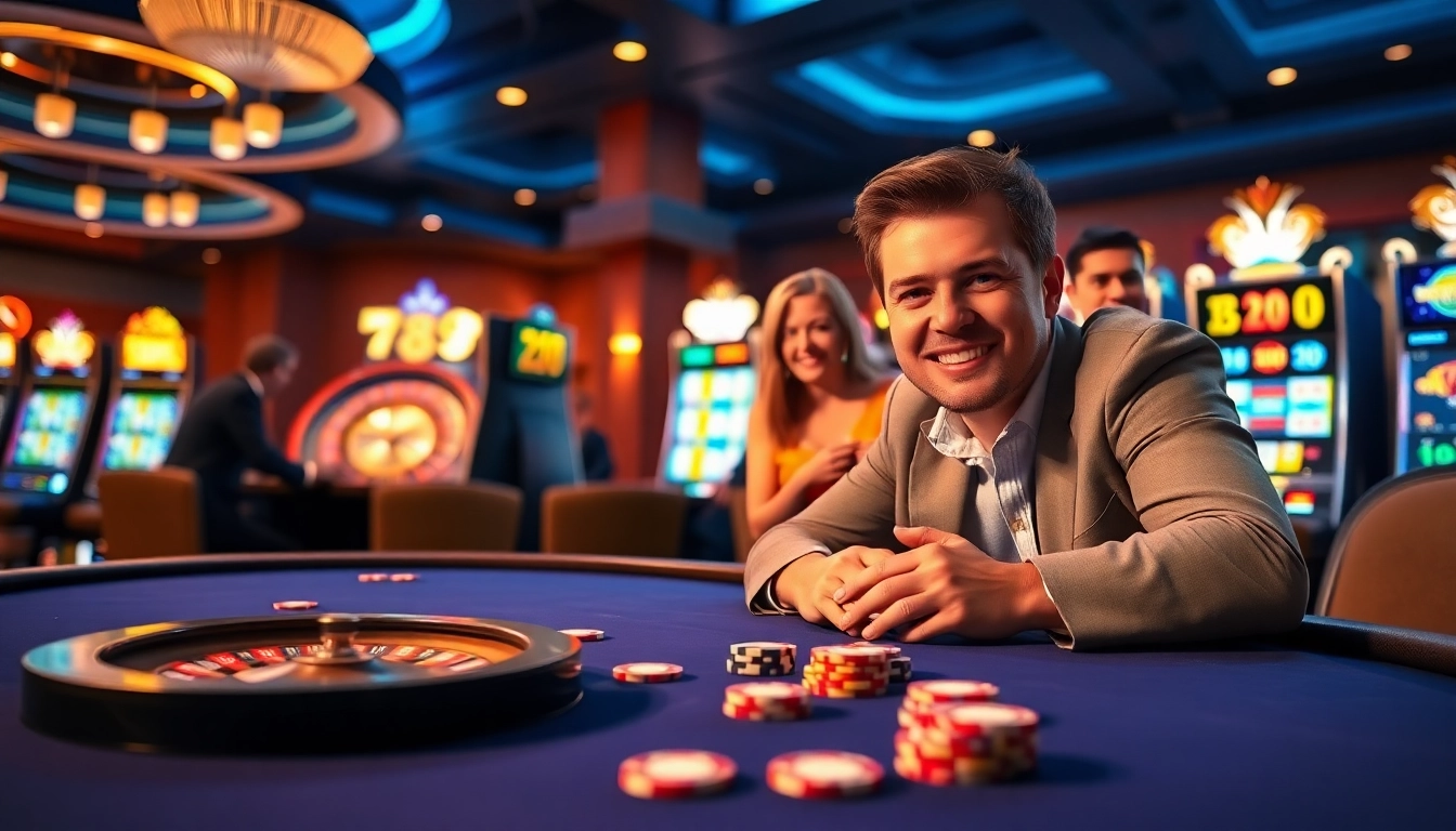 Excited player at 789club poker table engages in a thrilling game, showcasing vibrant casino atmosphere.