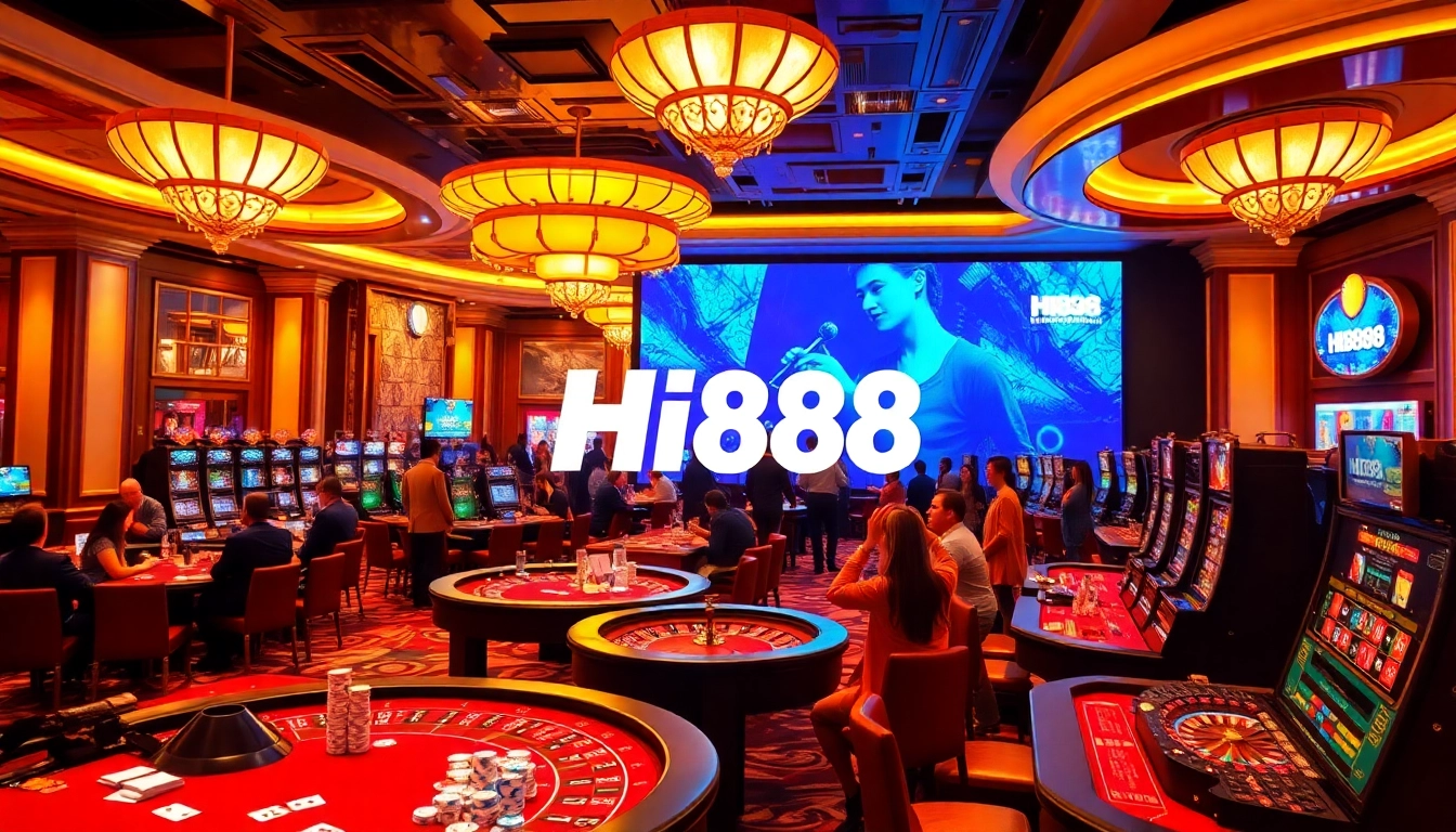 Exciting gambling scene at Hi888 casino with players celebrating wins at tables.