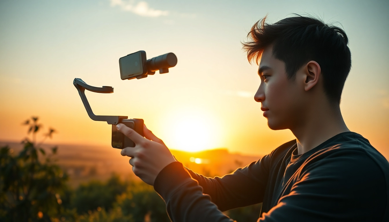 Dynamic phone gimbal stabilizing a smartphone during outdoor filming at sunset.
