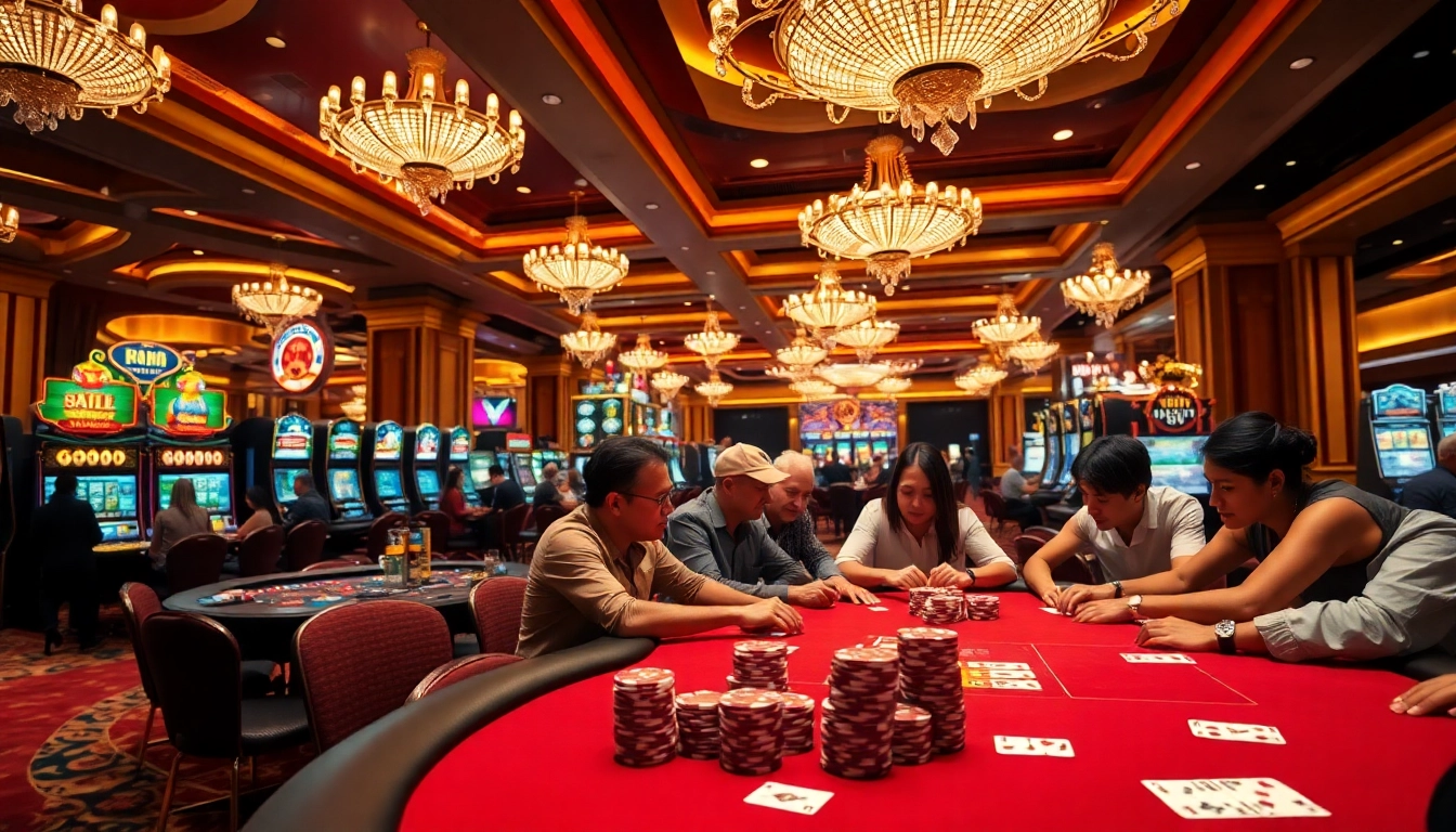 Experience high-stakes gaming with RAJABARONG poker chips and players in a luxurious casino.