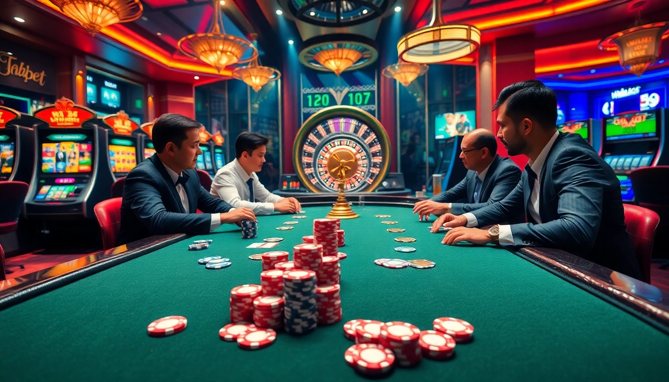 Exciting poker game scene at Nhà cái Thabet casino, showcasing colorful chips and vibrant atmosphere.