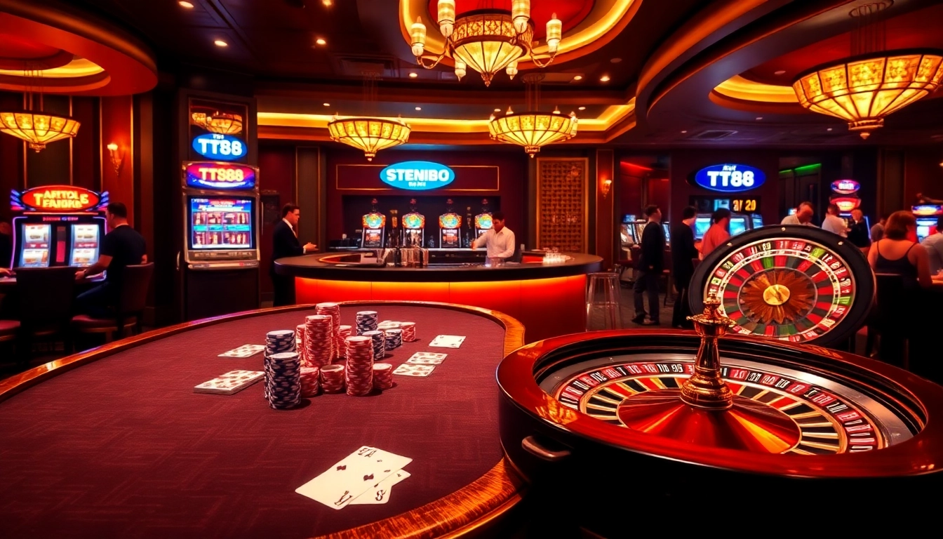 Engaging casino scene promoting TT88 with poker chips, dynamic gameplay, and vibrant slot machines.