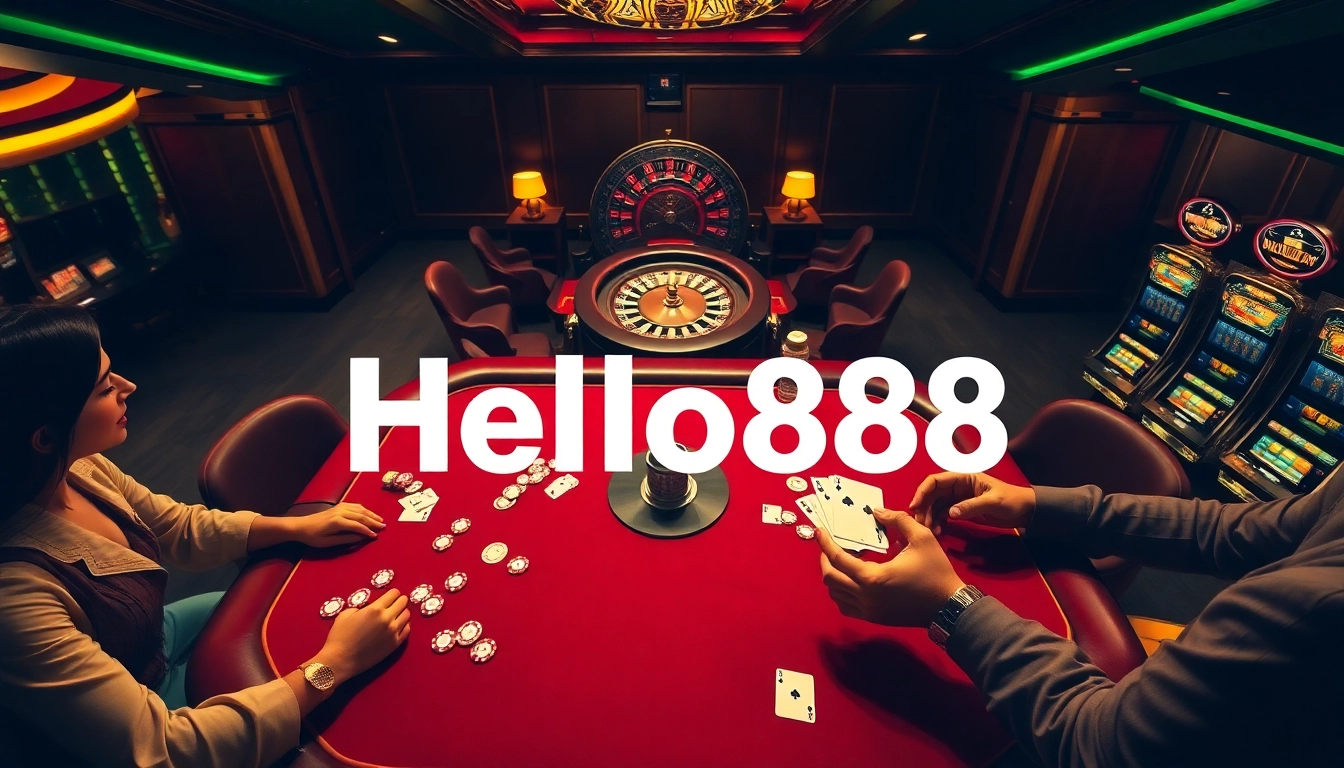 Hello88 casino scene with vibrant poker game, roulette wheel, and excited players.