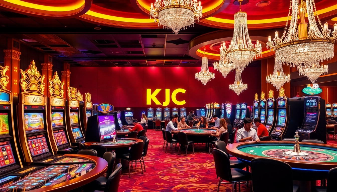 KJC premium casino experience featuring players at slot machines and poker tables.