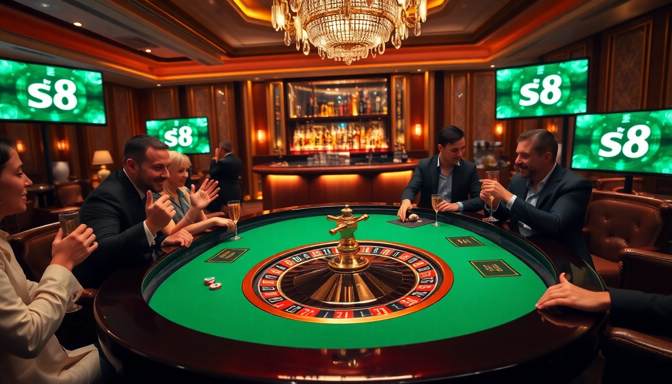 Players enjoying an intense game of roulette at an elegant casino table, featuring the keyword s8.