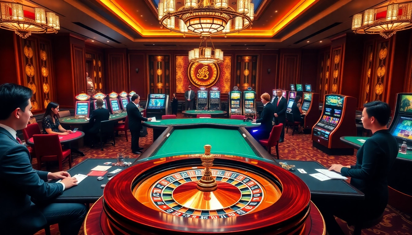 Gambling scene in a luxurious casino at https://f168.studio/, showcasing live baccarat and poker excitement.