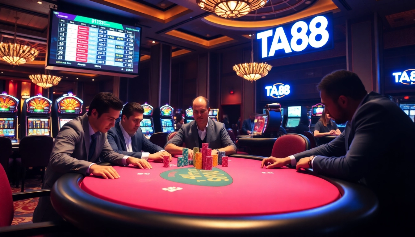 Watch players strategize at the TA88. com poker table in a luxurious casino setting.