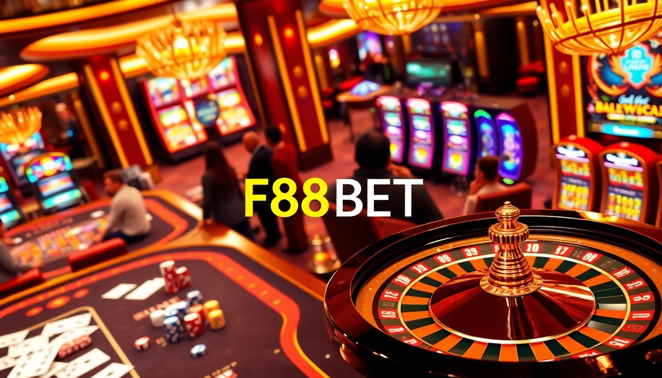 Engage in thrilling online gaming at F88BET with vibrant casino tables and festive ambiance.