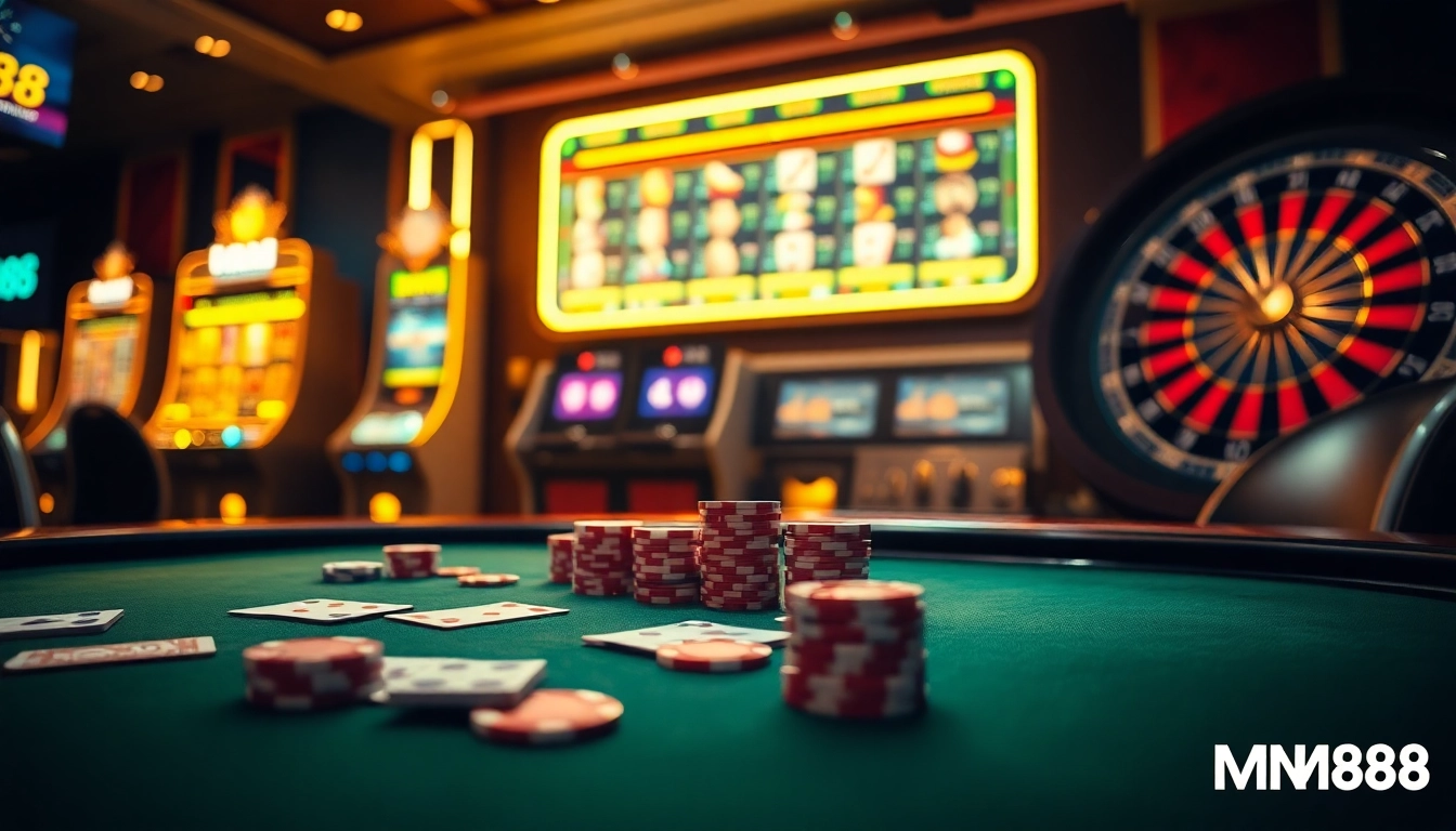 Experience exciting betting at https://mm88.in.net/ with a vibrant casino scene featuring poker chips, cards, and roulette.