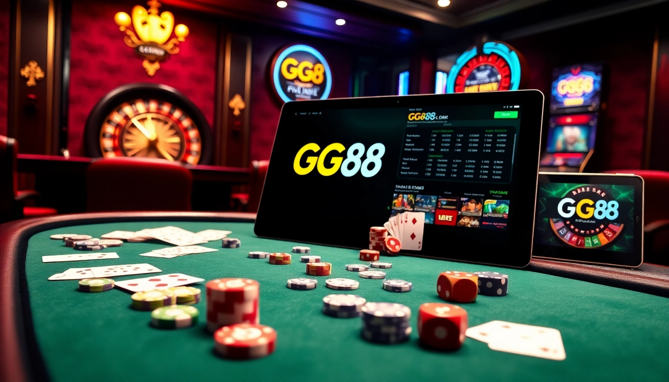 Engage with the excitement of GG 88's luxury casino experience featuring poker chips and gaming tables.