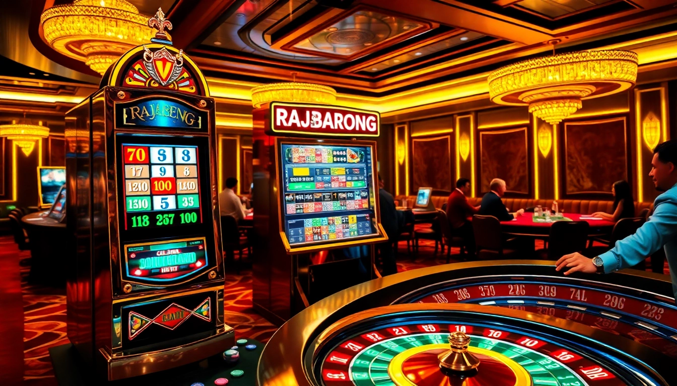 RAJABARONG slot machine illuminating a vibrant casino scene with players and tables.