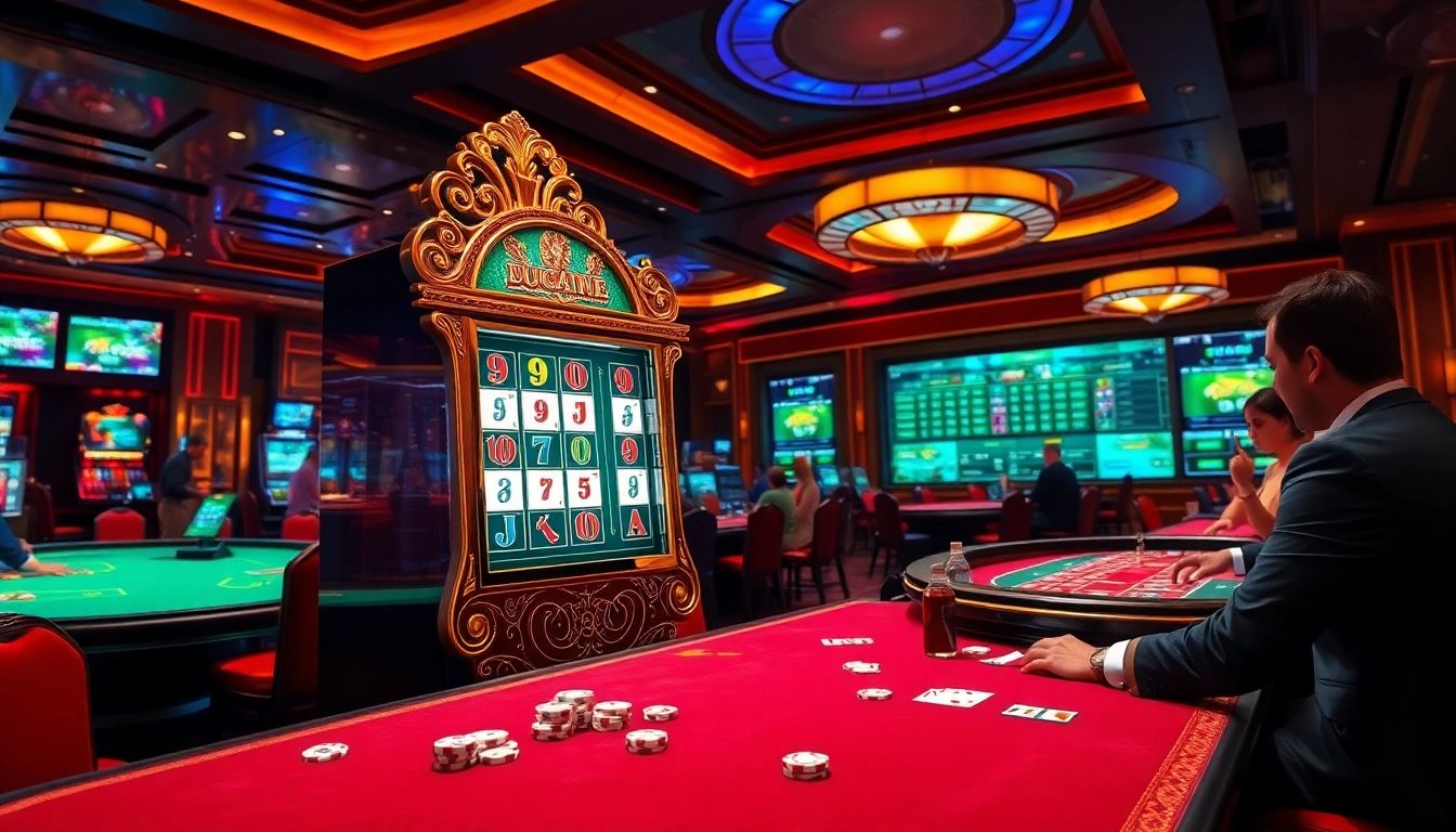 Experience the vibrant atmosphere of a 슬롯커뮤니티 with elegant slot machines and casino tables.
