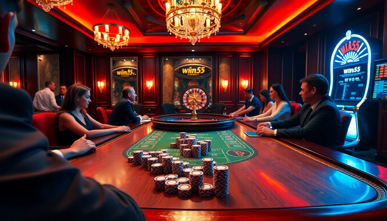 Engaged players at a high-stakes poker game in a luxurious casino atmosphere depicting win55 excitement.