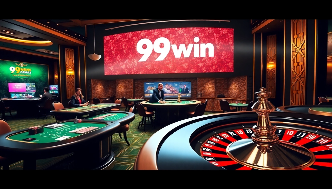 Experience the excitement of 99win with vibrant casino visuals showcasing roulette, poker chips, and professional dealers.