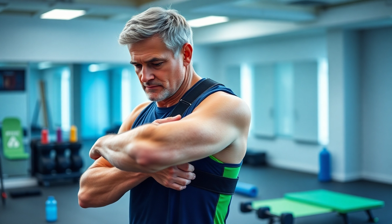 The best double shoulder support brace worn by an athlete stretching in a bright gym, emphasizing comfort and recovery.