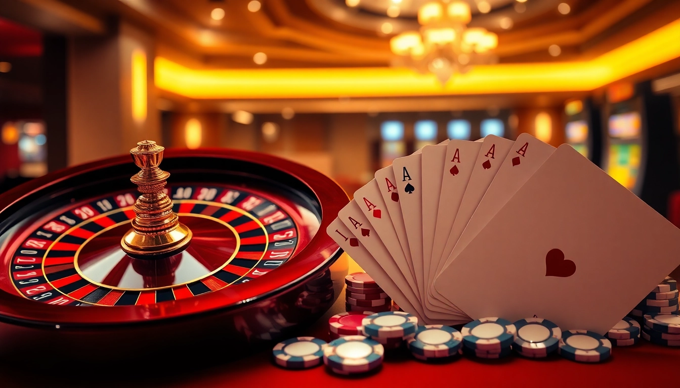Experience thrilling gameplay at OK365 link, featuring vibrant casino elements like roulette and poker chips.