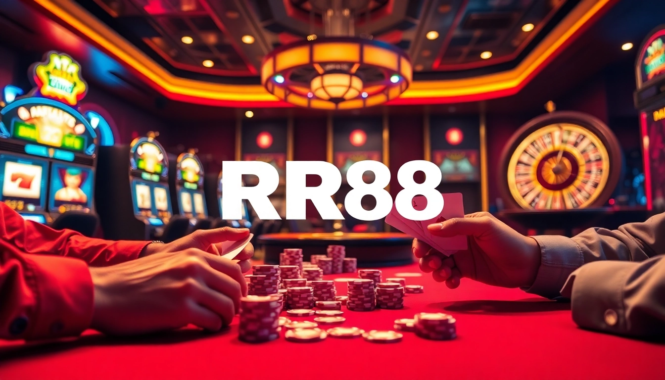 RR88 poker players strategizing at a luxurious casino table with vibrant atmosphere.