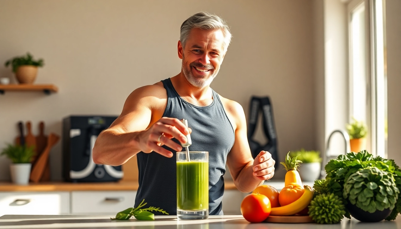 Pura Boost enhances male vitality and energy, featured in a vibrant kitchen smoothie preparation.