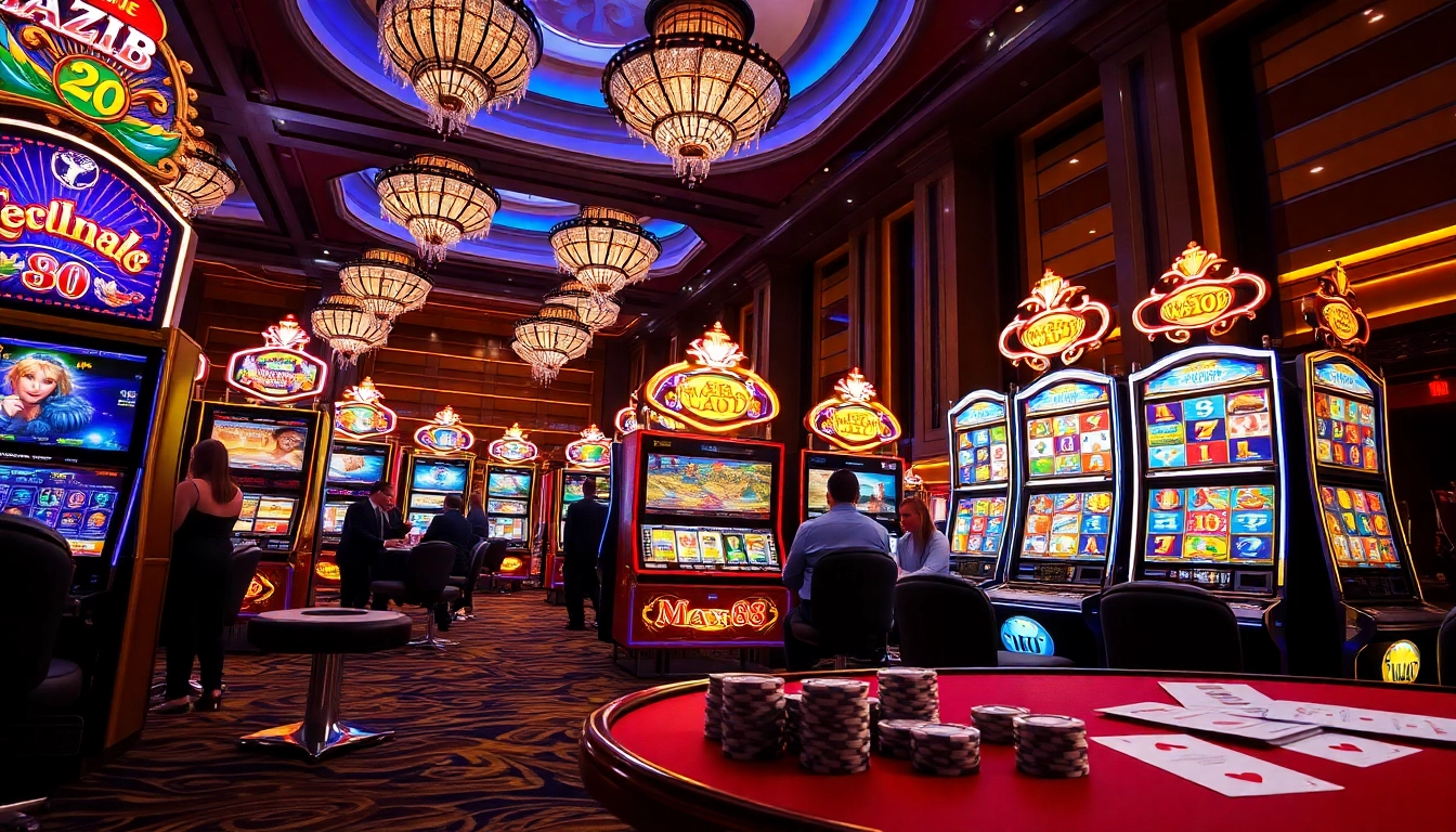 Experience the thrill of max88 slot machines with vibrant colors and an elegant casino backdrop.