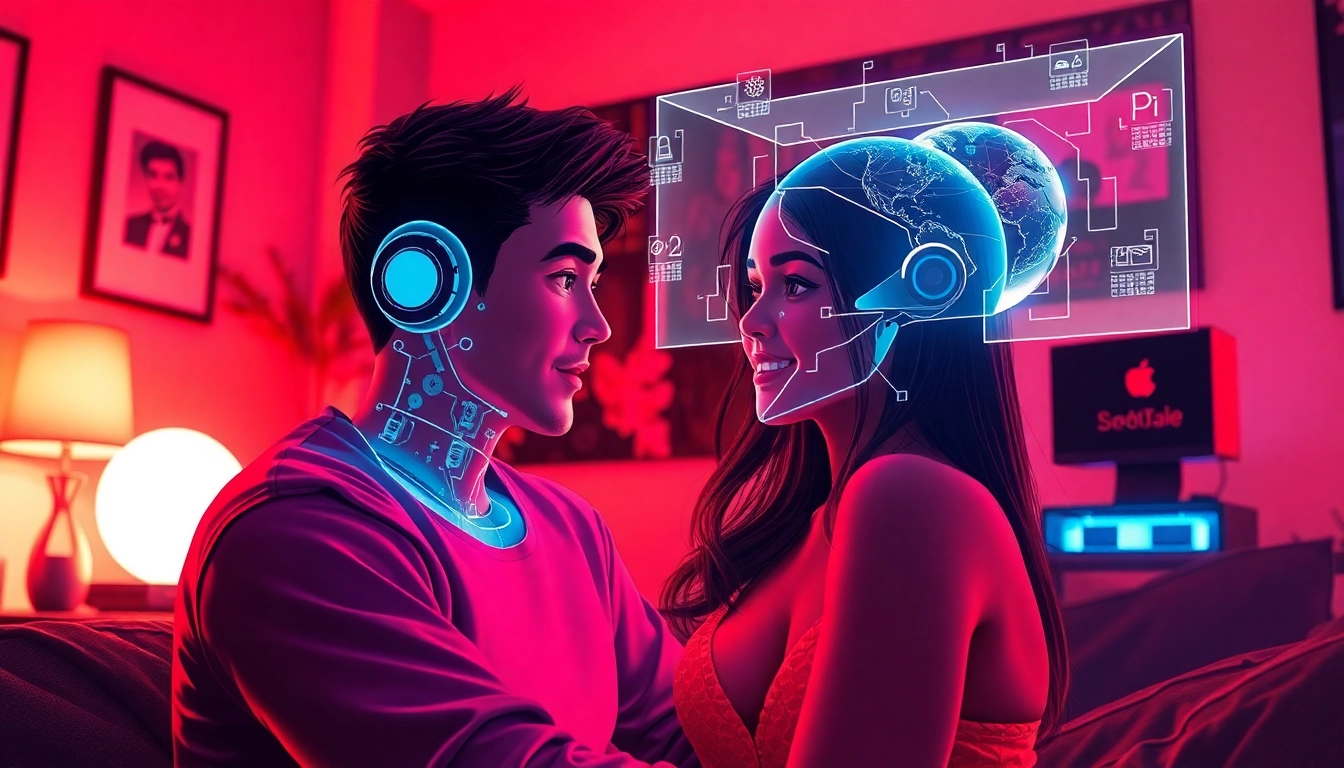 Engaging scene of ai sex chat interaction with a friendly AI character in a cozy, intimate setting.