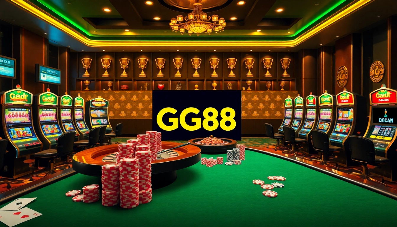 Engaging GG88 online gambling scene with vibrant casino elements and poker chips.