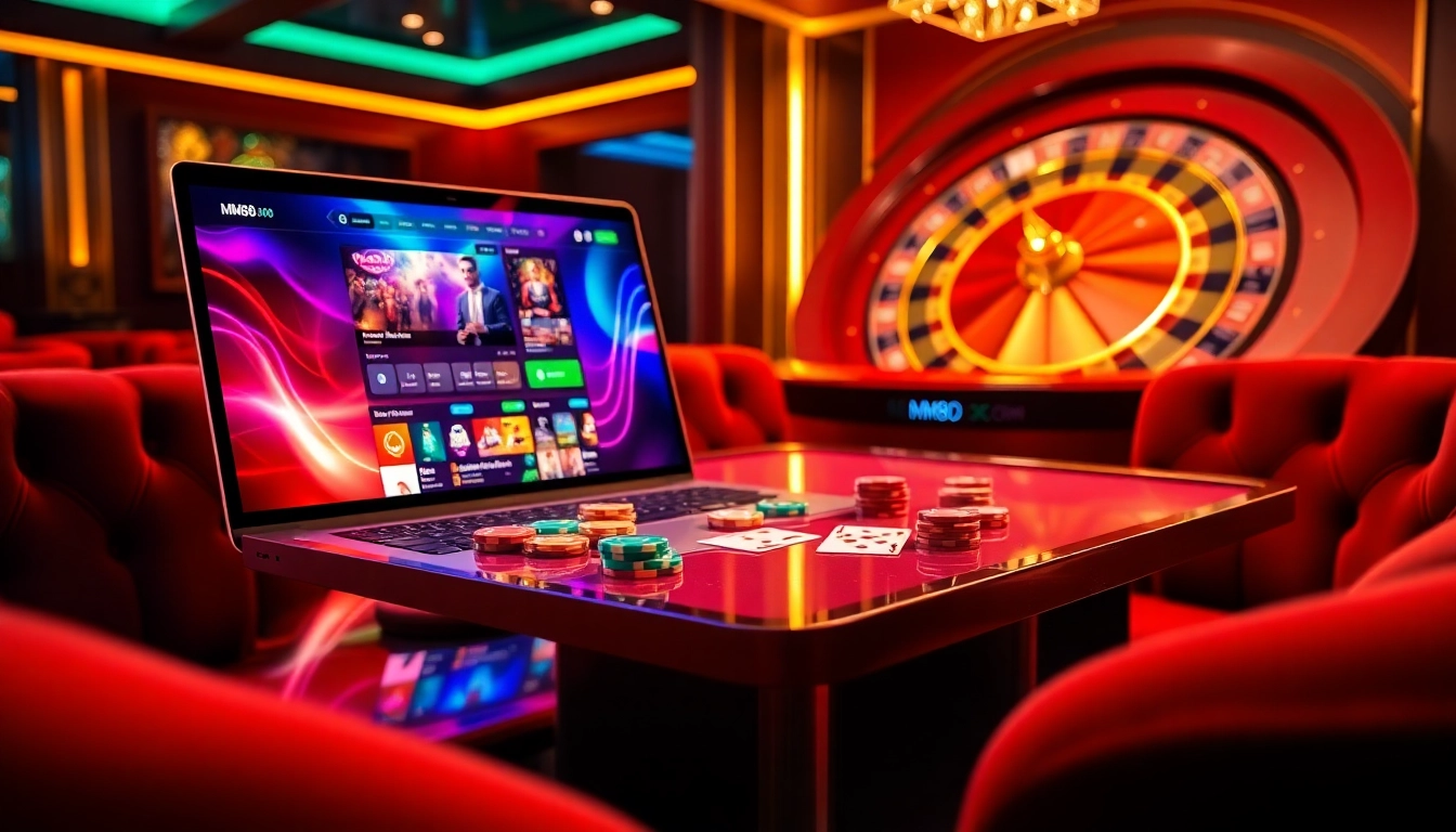 Experience high-stakes gaming at MM88's online casino with vibrant poker tables and roulette wheels.