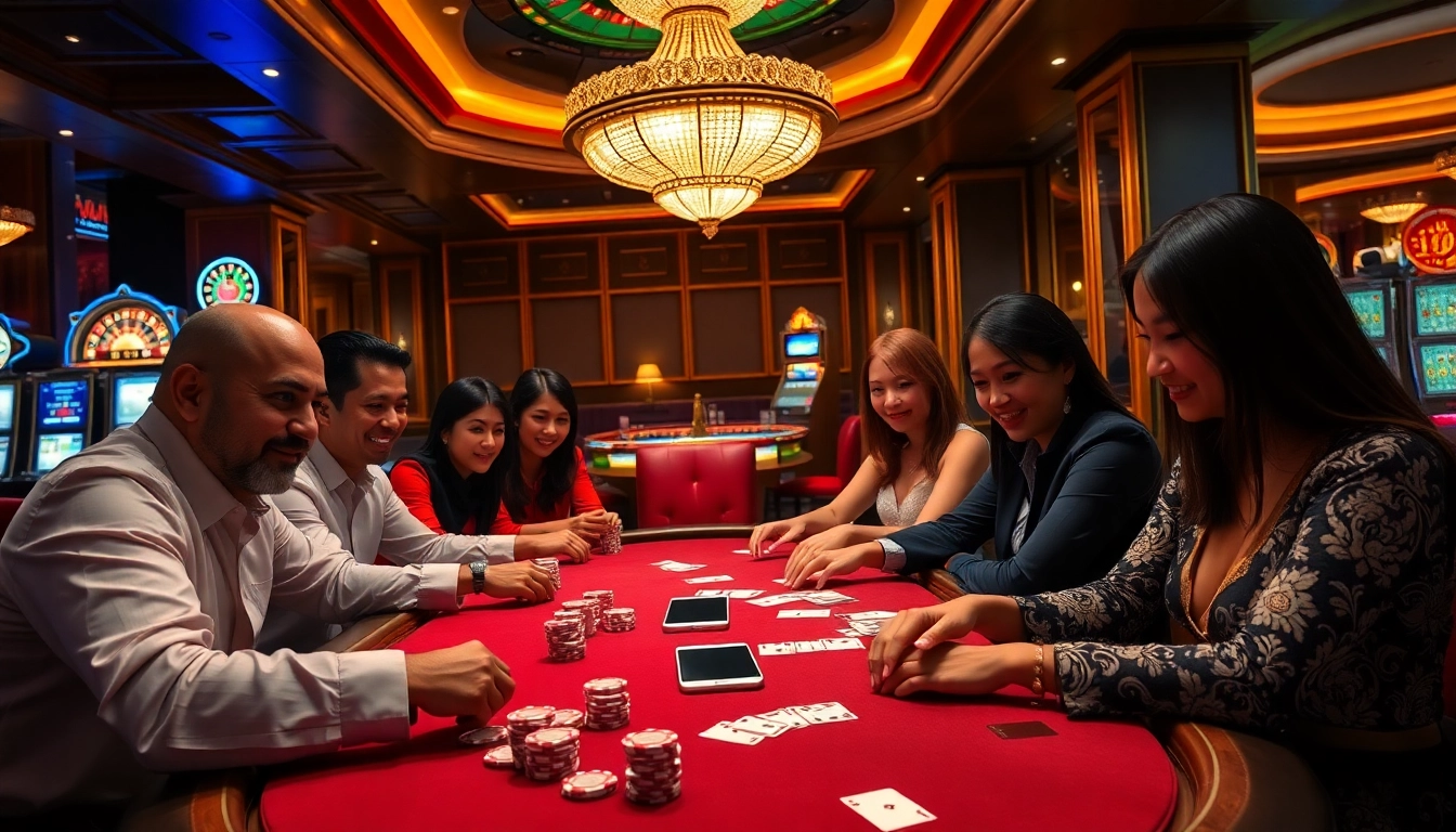 Players enjoying a thrilling poker game at Nhà cái xx88 casino with vibrant colors and luxurious ambiance.