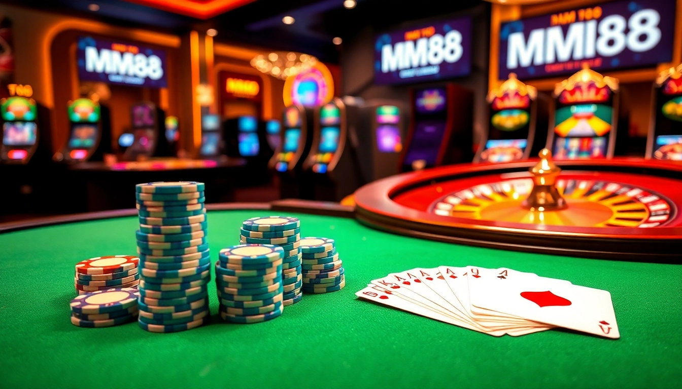Experience the excitement of casino games at MM88 with vibrant poker chips and roulette.