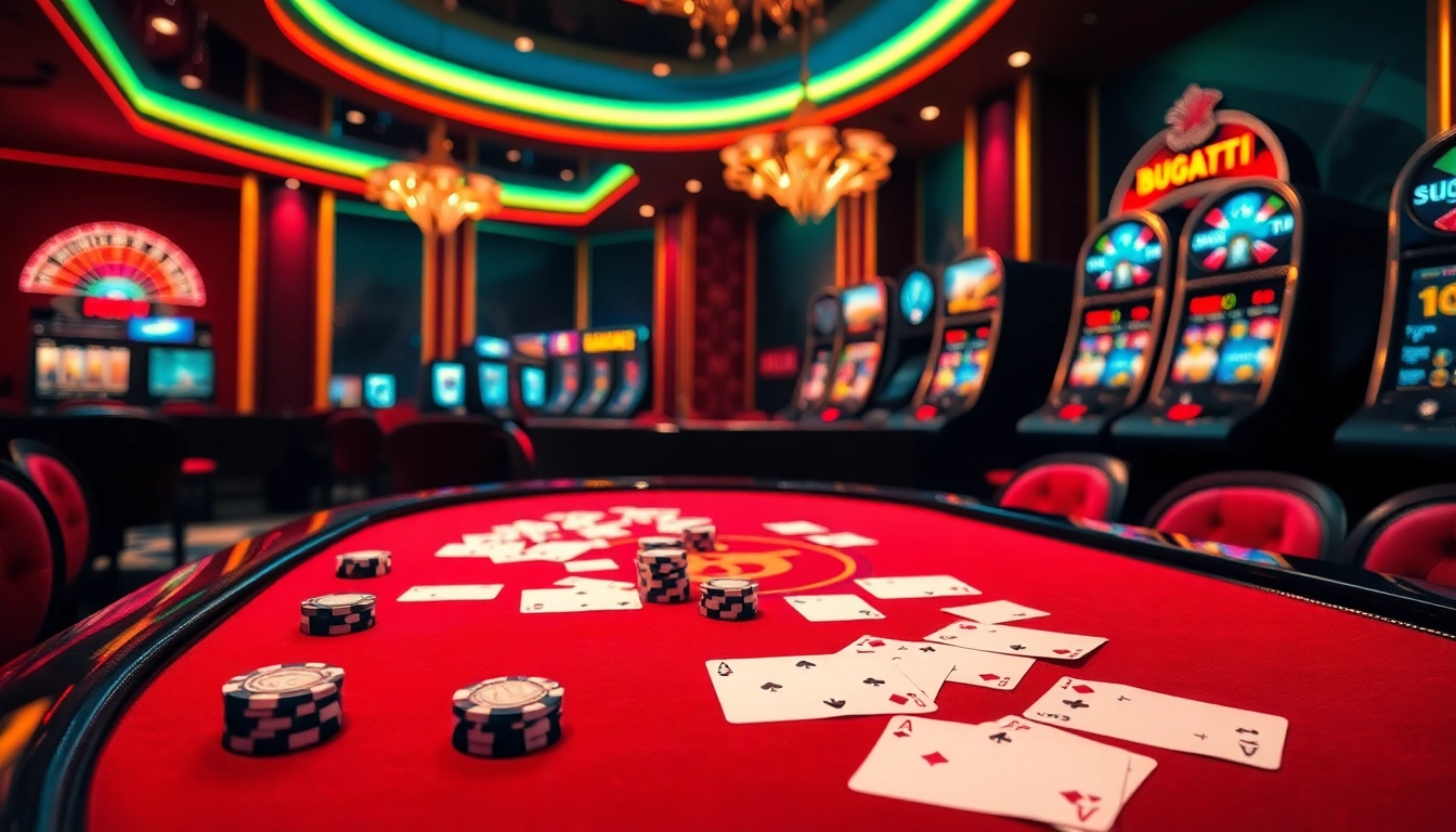 Experience thrilling gameplay at Bugatti8's luxurious casino with vibrant poker tables and slot machines.