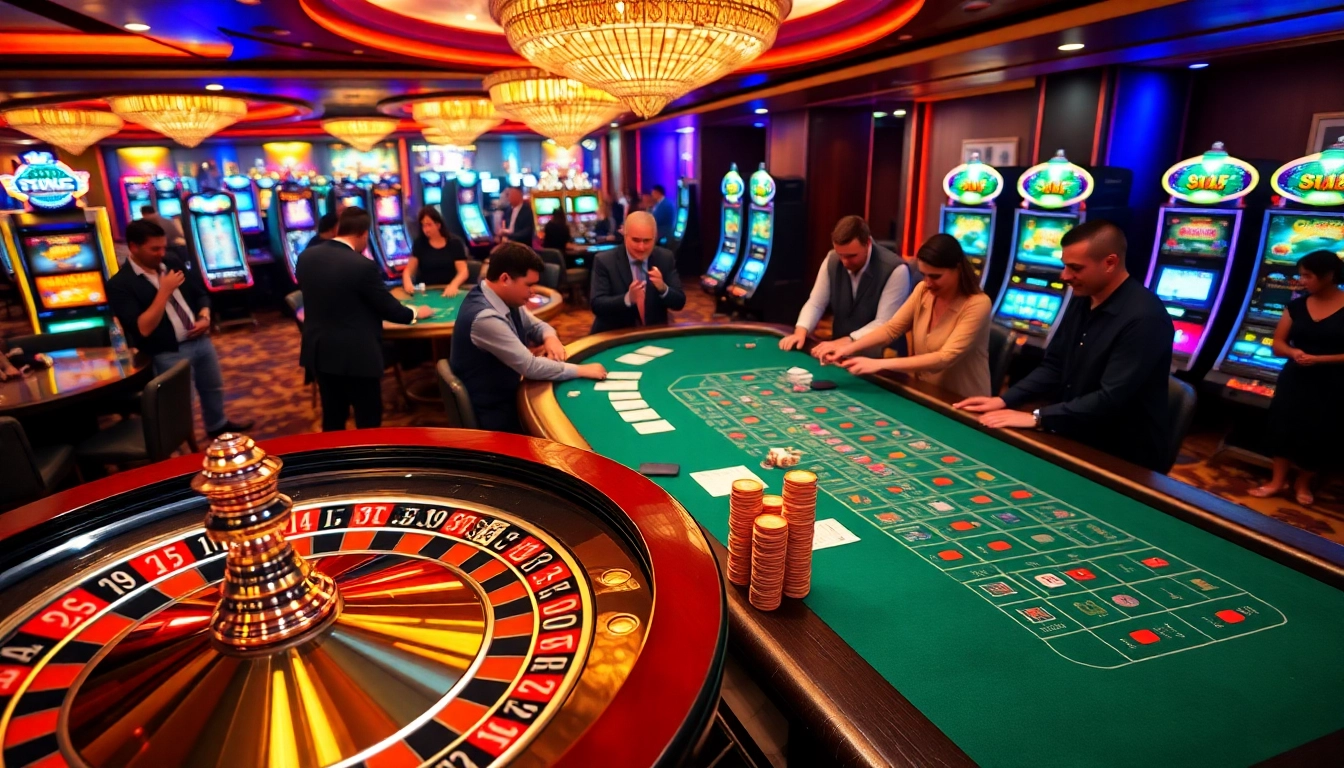 Exciting casino gaming scene at https://f168.news/ with roulette, blackjack, and vibrant slot machines.