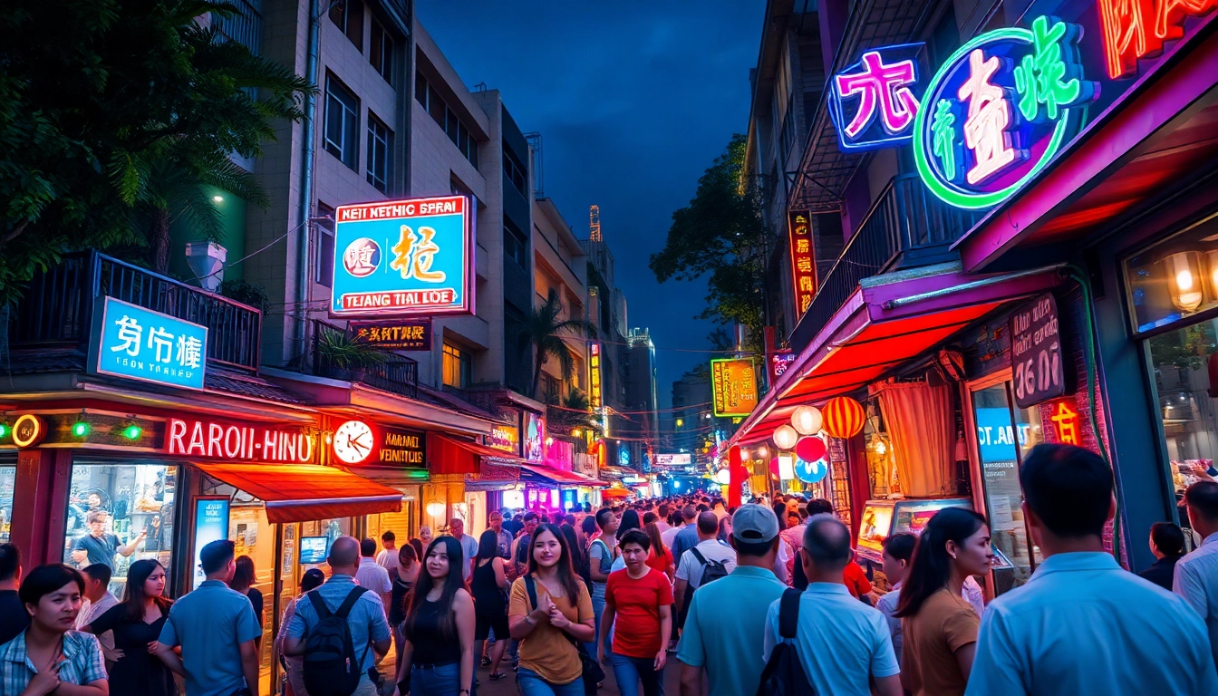 Vibrant nightlife in Ho Chi Minh City showcasing 호치민밤문화 with lively bars and colorful lights.