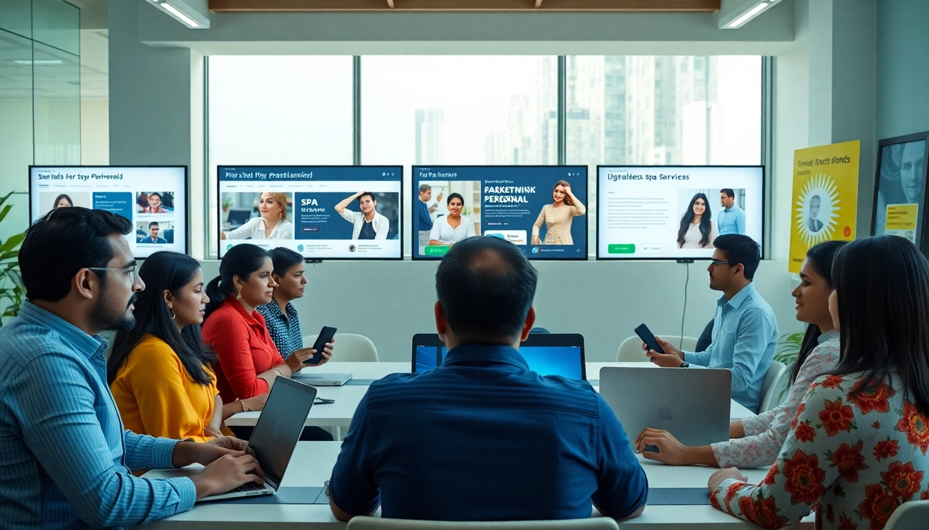 Engaged users exploring Hela Ads platform in a modern office, showcasing dynamic services.