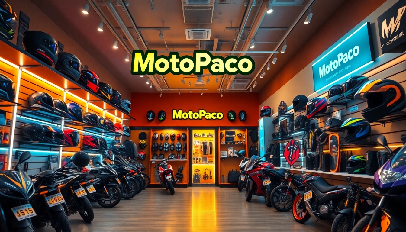 MotoPaco présentant une diversité d’accessoires et d’équipements de moto dans une atmosphère de boutique dynamique, attirant les passionnés de moto.